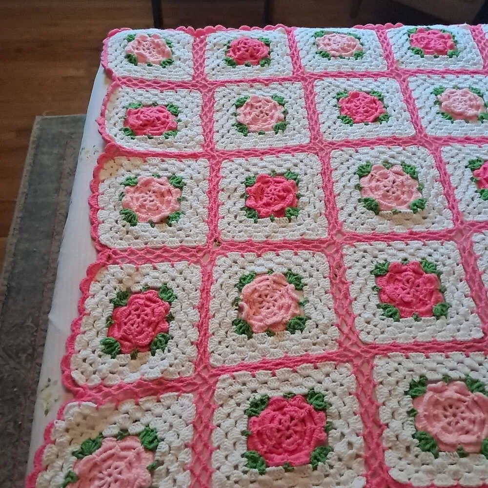 Crochet Granny Square 3D Pink Rose Afghan Throw Girlie Cottage Core